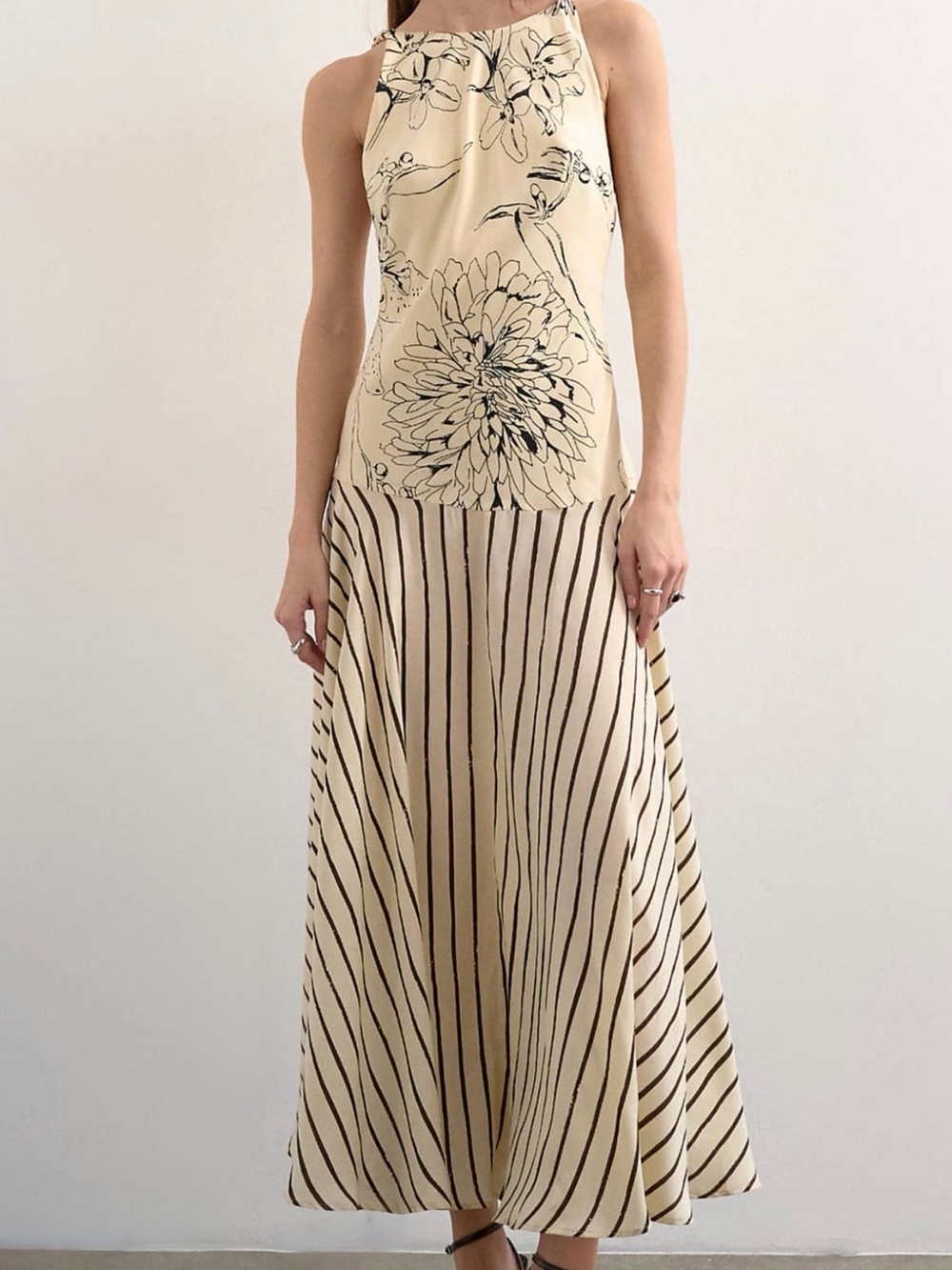 Topshop Cream and Black Floral & Stripe Maxi Dress